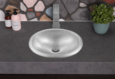 Hand Hammered Aluminum 17 inch Oval Drop In Bathroom Sink - Nickel